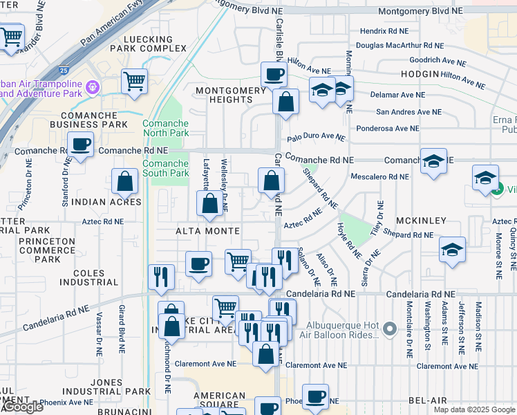 map of restaurants, bars, coffee shops, grocery stores, and more near 3524 Tyson Place Northeast in Albuquerque