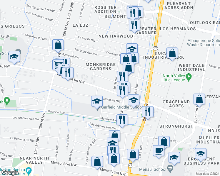 map of restaurants, bars, coffee shops, grocery stores, and more near 513 Candelaria Road Northwest in Albuquerque