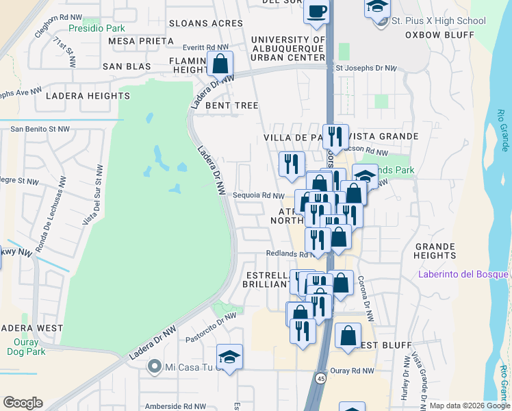 map of restaurants, bars, coffee shops, grocery stores, and more near 6044 Kilmer Avenue Northwest in Albuquerque