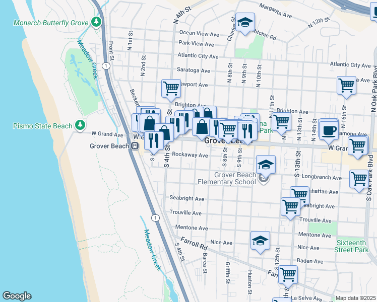 map of restaurants, bars, coffee shops, grocery stores, and more near 150 South 6th Street in Grover Beach