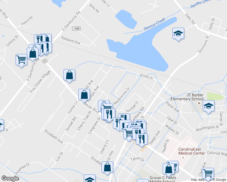 map of restaurants, bars, coffee shops, grocery stores, and more near 113 Sweetbriar Court in New Bern