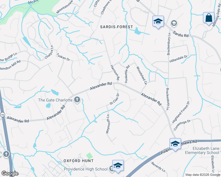 map of restaurants, bars, coffee shops, grocery stores, and more near 7404 Alexander Road in Charlotte