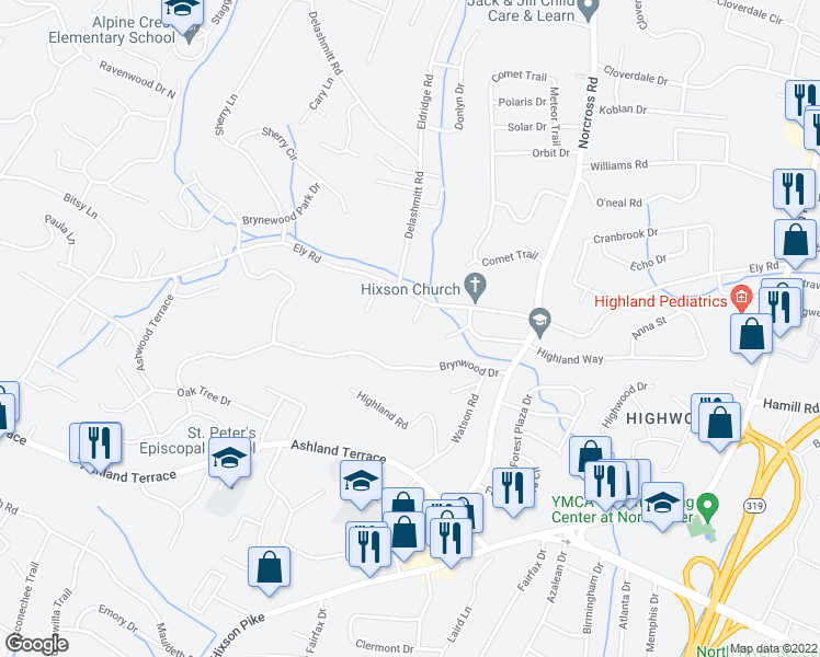 map of restaurants, bars, coffee shops, grocery stores, and more near 1312 Ely Road in Chattanooga