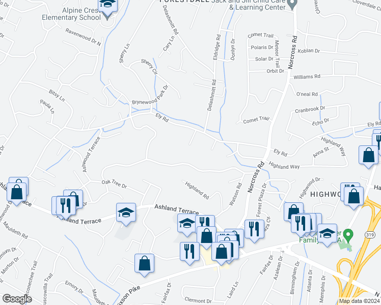 map of restaurants, bars, coffee shops, grocery stores, and more near 4292 Byrnewood Village Circle in Chattanooga