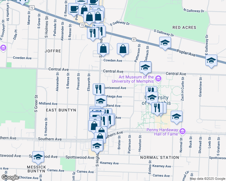 map of restaurants, bars, coffee shops, grocery stores, and more near 3573-3593 Norriswood Avenue in Memphis