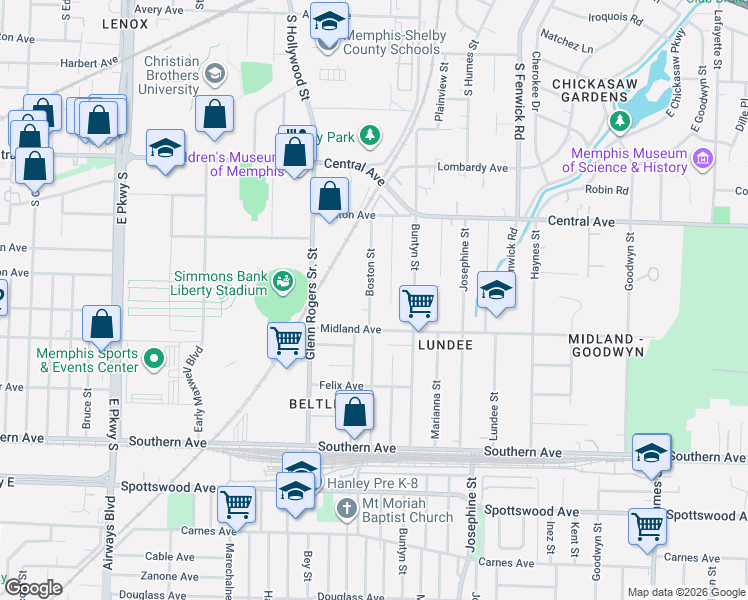 map of restaurants, bars, coffee shops, grocery stores, and more near 407 Hodges Street in Memphis