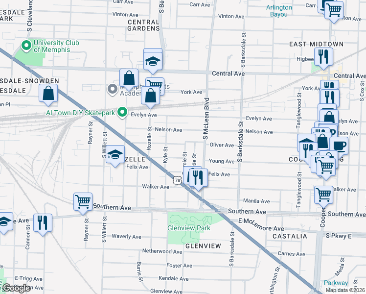 map of restaurants, bars, coffee shops, grocery stores, and more near 912 Emmie Street in Memphis
