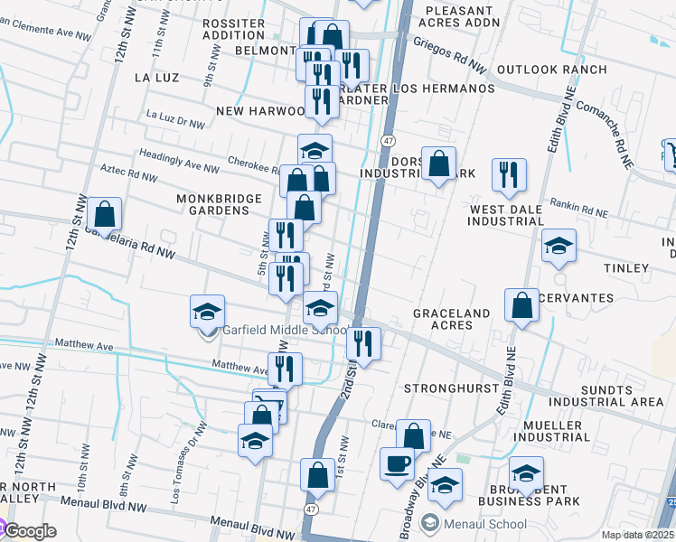 map of restaurants, bars, coffee shops, grocery stores, and more near 223 Veranda Road Northwest in Albuquerque