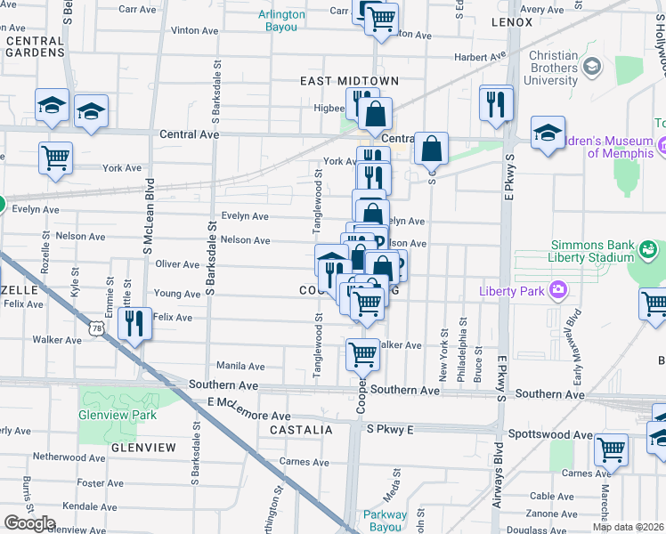 map of restaurants, bars, coffee shops, grocery stores, and more near 2086 Oliver Avenue in Memphis