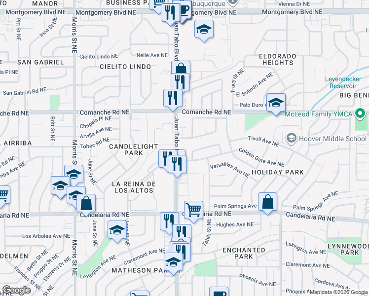 map of restaurants, bars, coffee shops, grocery stores, and more near 3432 Del Agua Court Northeast in Albuquerque