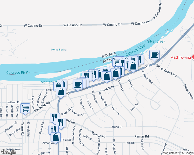map of restaurants, bars, coffee shops, grocery stores, and more near 1825 East Shore Villas Drive in Bullhead City