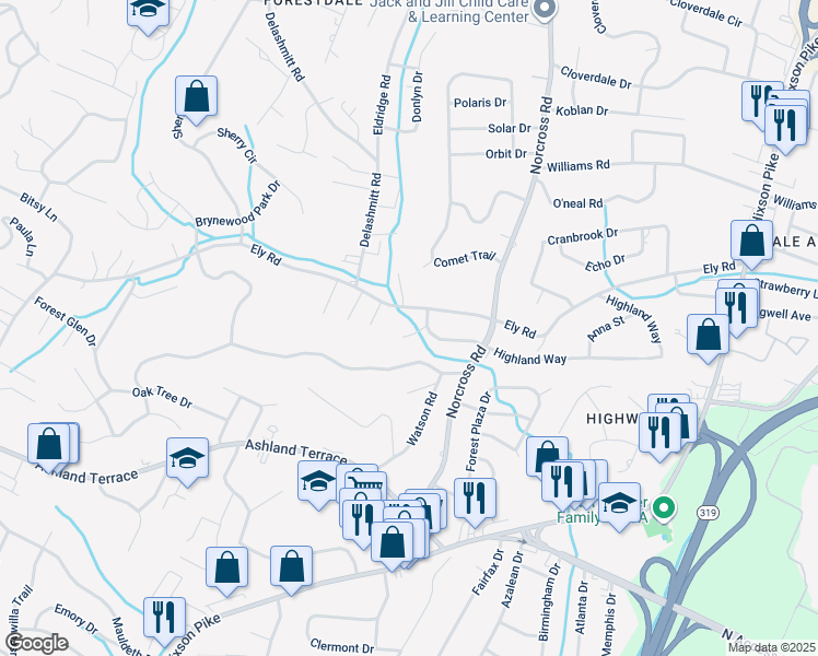 map of restaurants, bars, coffee shops, grocery stores, and more near 1325 Easy Lane in Chattanooga