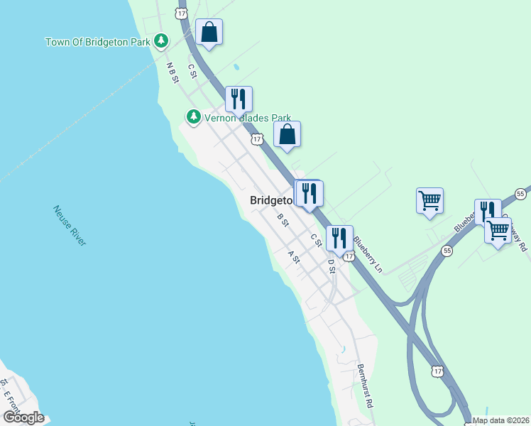 map of restaurants, bars, coffee shops, grocery stores, and more near 601 A Street in New Bern