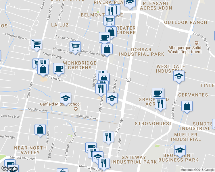 map of restaurants, bars, coffee shops, grocery stores, and more near 310 Veranda Road Northwest in Albuquerque