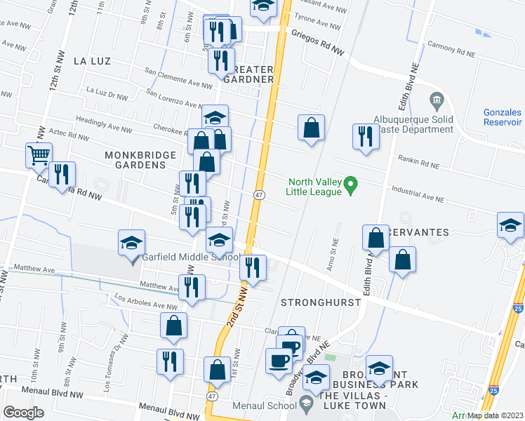 map of restaurants, bars, coffee shops, grocery stores, and more near 3822 2nd Street Northwest in Albuquerque