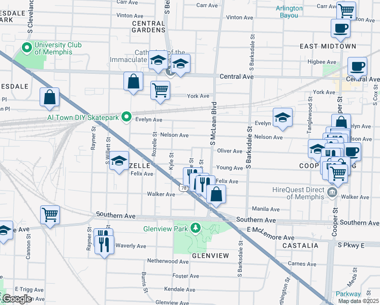 map of restaurants, bars, coffee shops, grocery stores, and more near 912 Emmie Street in Memphis