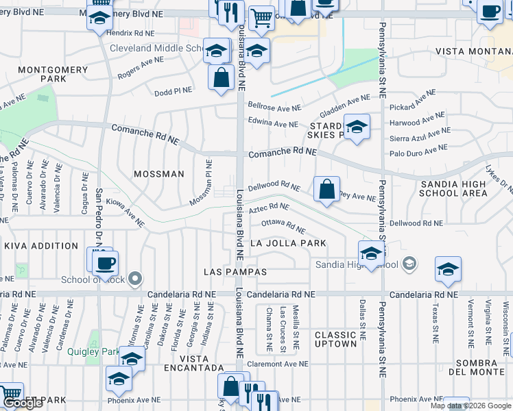 map of restaurants, bars, coffee shops, grocery stores, and more near 7017 Aztec Road Northeast in Albuquerque