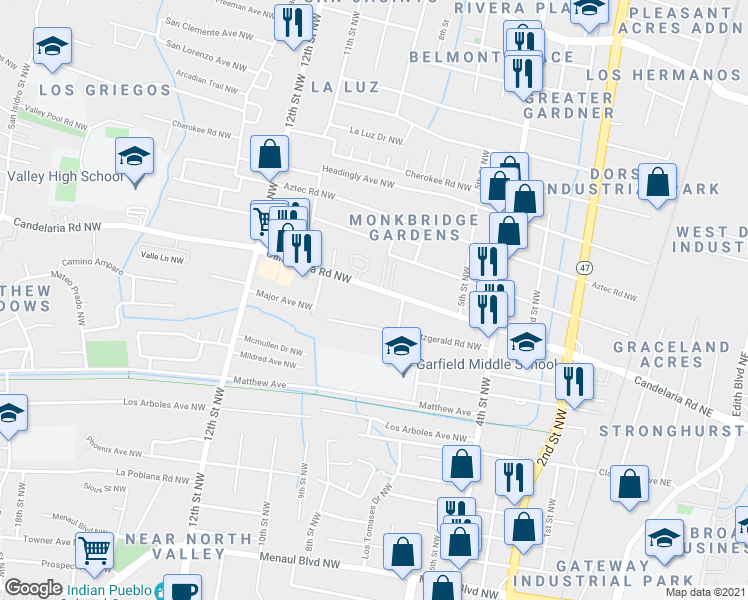 map of restaurants, bars, coffee shops, grocery stores, and more near 722 Candelaria Rd NW in Albuquerque