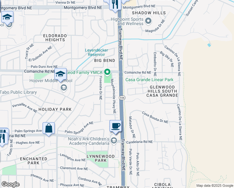 map of restaurants, bars, coffee shops, grocery stores, and more near 3528 Mountainside Parkway Northeast in Albuquerque