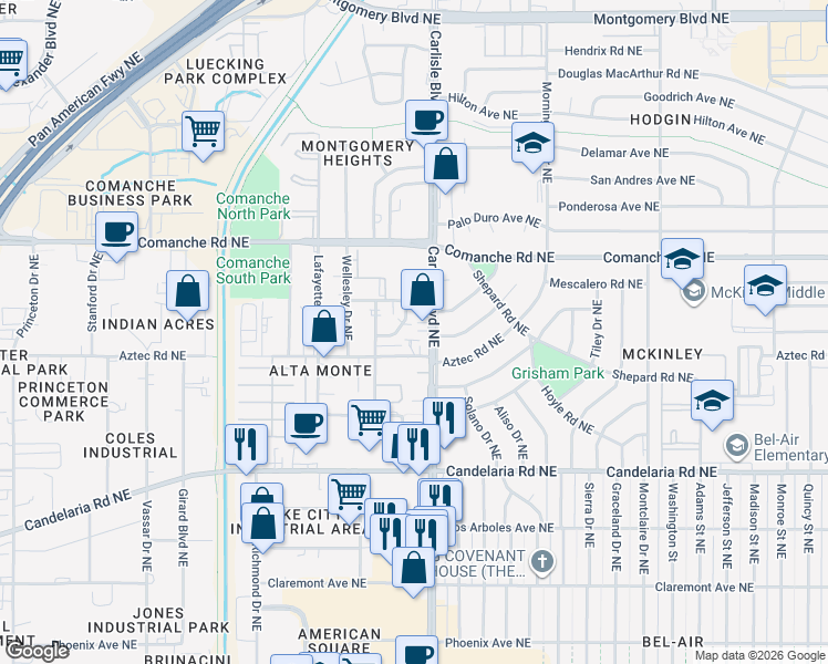 map of restaurants, bars, coffee shops, grocery stores, and more near 3524 Tyson Place Northeast in Albuquerque