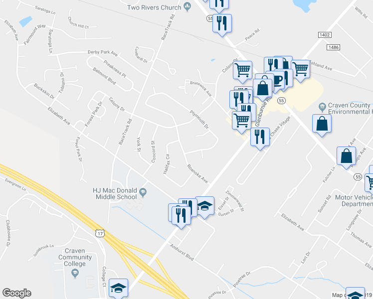 map of restaurants, bars, coffee shops, grocery stores, and more near 2914 Roanoke Avenue in New Bern
