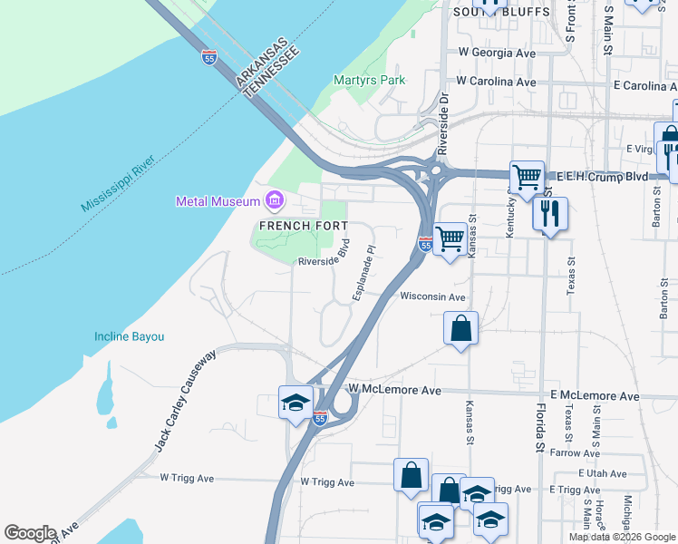 map of restaurants, bars, coffee shops, grocery stores, and more near 986 Esplanade Place in Memphis