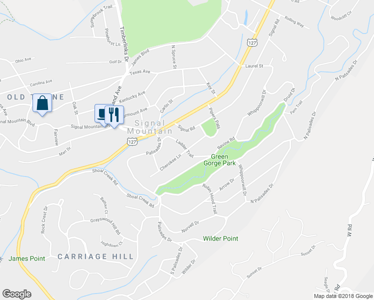 map of restaurants, bars, coffee shops, grocery stores, and more near 1001 Ladder Trail in Signal Mountain