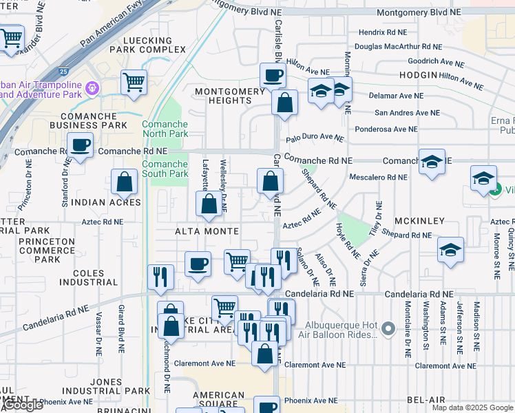 map of restaurants, bars, coffee shops, grocery stores, and more near 3524 Tyson Place Northeast in Albuquerque