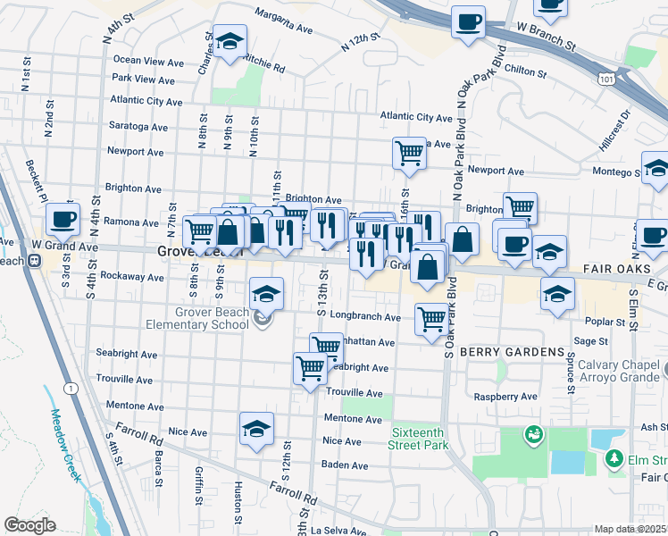 map of restaurants, bars, coffee shops, grocery stores, and more near 1328 W Grand Ave in Grover Beach