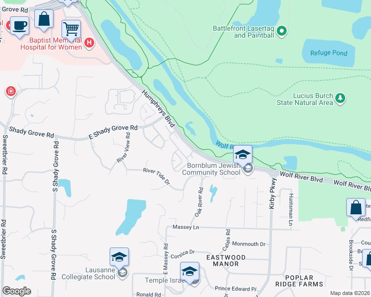 map of restaurants, bars, coffee shops, grocery stores, and more near 1036 Murray Hill Lane in Memphis