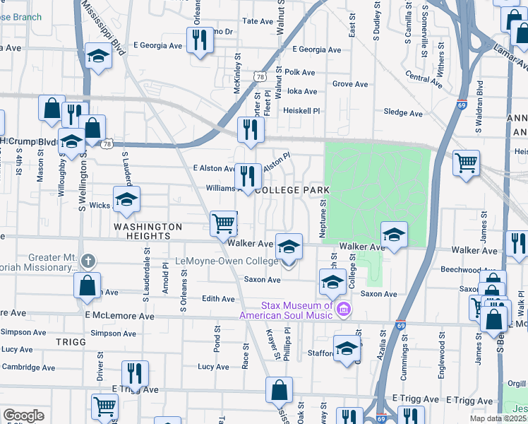 map of restaurants, bars, coffee shops, grocery stores, and more near 959 Porter Street in Memphis