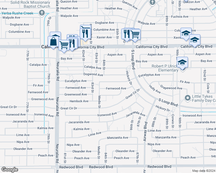 map of restaurants, bars, coffee shops, grocery stores, and more near 8425 Fernwood Avenue in California City