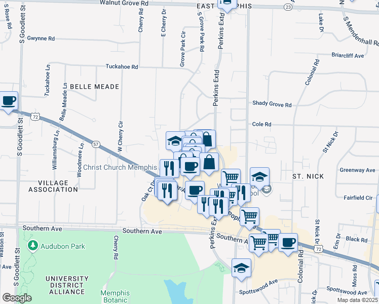 map of restaurants, bars, coffee shops, grocery stores, and more near 370 South Grove Park Road in Memphis