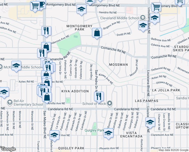 map of restaurants, bars, coffee shops, grocery stores, and more near 3313 San Pedro Drive Northeast in Albuquerque