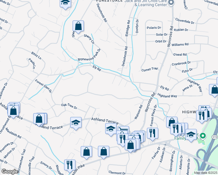 map of restaurants, bars, coffee shops, grocery stores, and more near 4293 Byrnewood Village Circle in Chattanooga