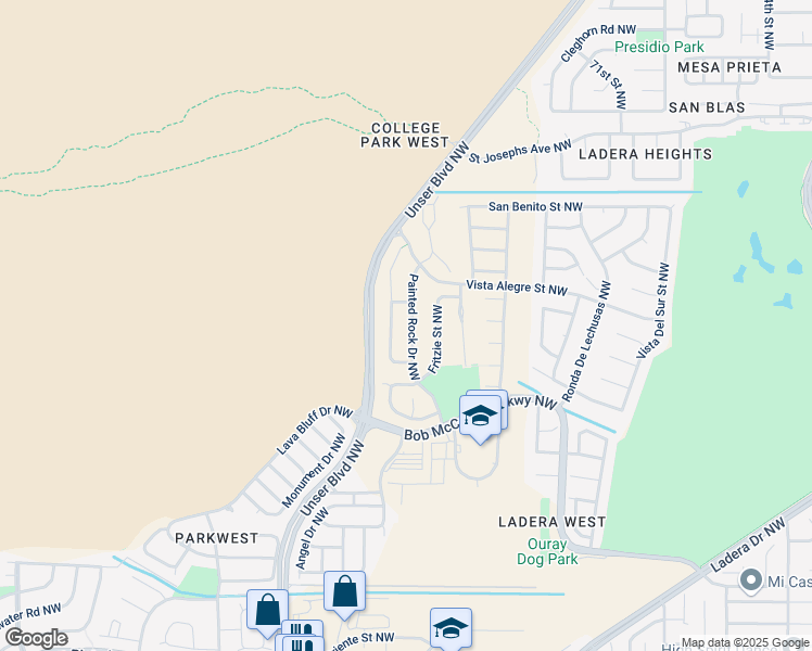 map of restaurants, bars, coffee shops, grocery stores, and more near 3301 Painted Rock Drive Northwest in Albuquerque