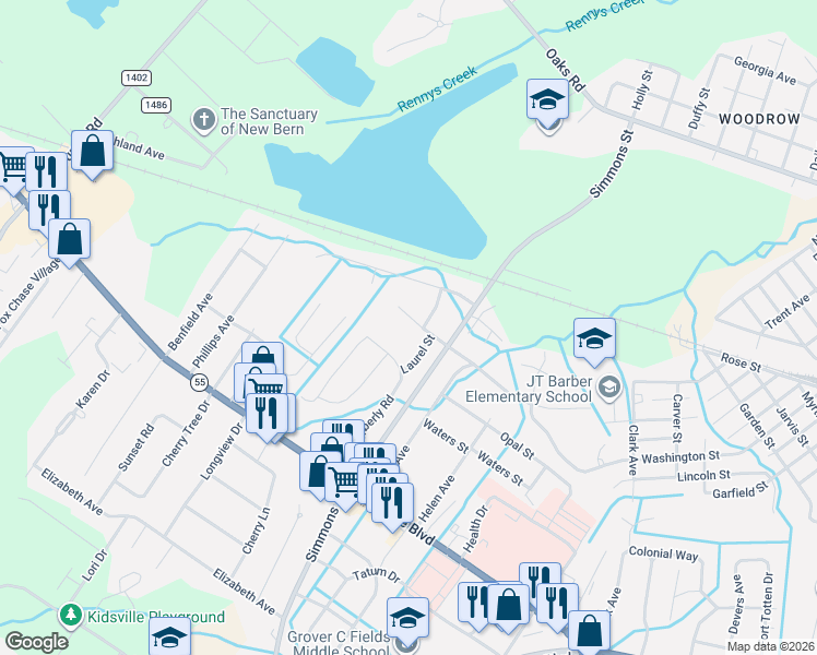 map of restaurants, bars, coffee shops, grocery stores, and more near 2500-2502 Dogwood Drive in New Bern