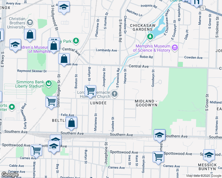 map of restaurants, bars, coffee shops, grocery stores, and more near 415 South Fenwick Road in Memphis