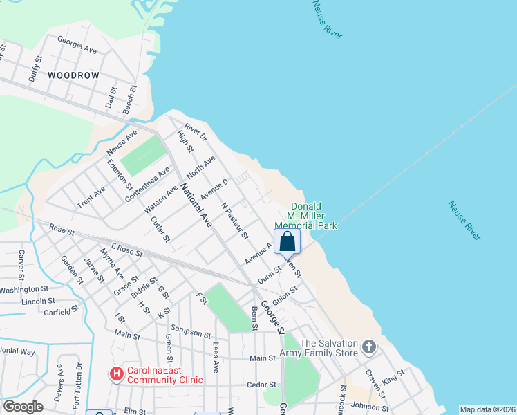 map of restaurants, bars, coffee shops, grocery stores, and more near 1310 North Craven Street in New Bern