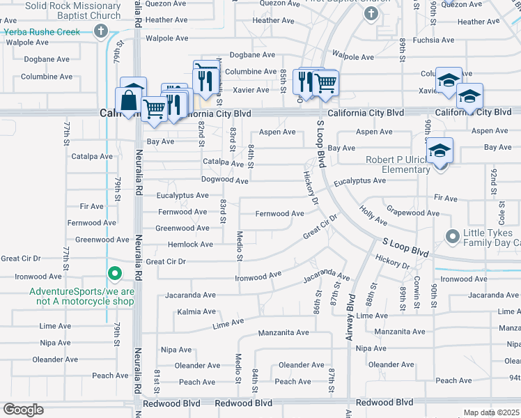 map of restaurants, bars, coffee shops, grocery stores, and more near 8425 Fernwood Avenue in California City