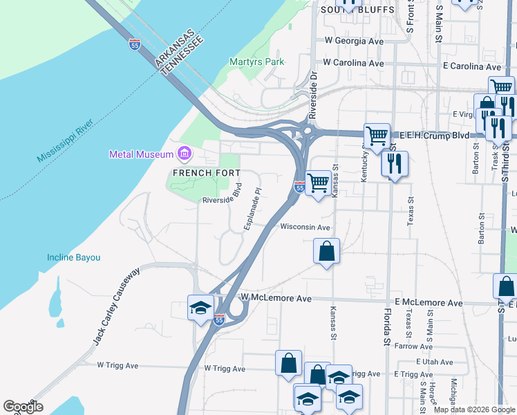 map of restaurants, bars, coffee shops, grocery stores, and more near 232 Rampart Place in Memphis