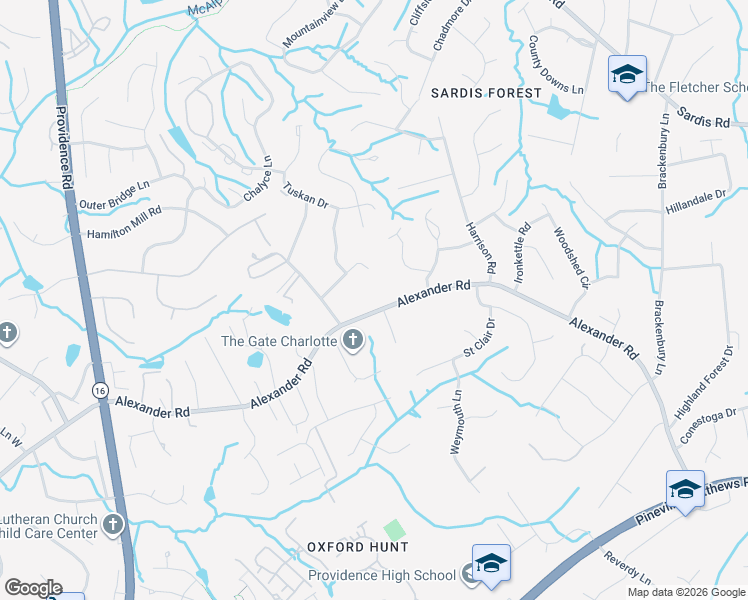 map of restaurants, bars, coffee shops, grocery stores, and more near 7125 Alexander Road in Charlotte