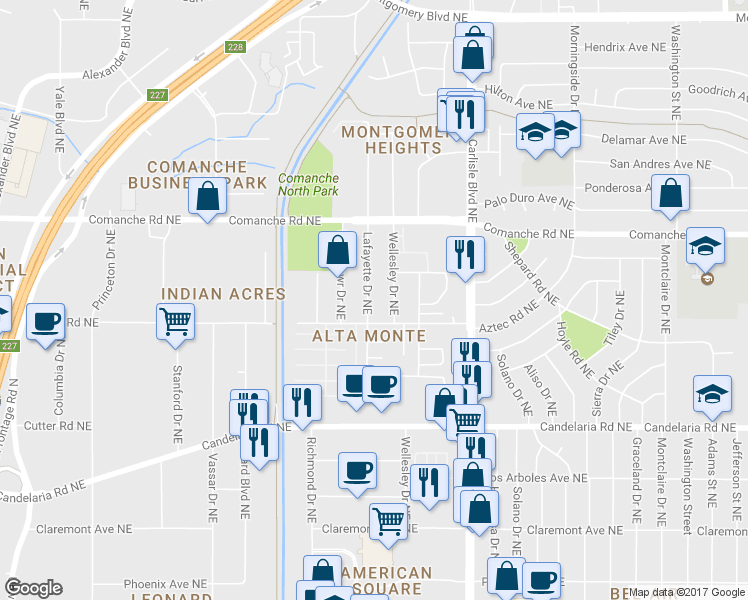 map of restaurants, bars, coffee shops, grocery stores, and more near 322 Lafayette Drive Northeast in Albuquerque