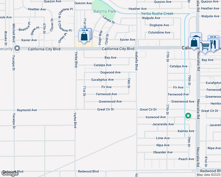 map of restaurants, bars, coffee shops, grocery stores, and more near Fir Avenue in California City