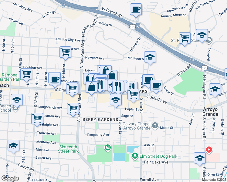 map of restaurants, bars, coffee shops, grocery stores, and more near 1350 East Grand Avenue in Arroyo Grande