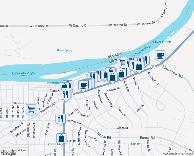 map of restaurants, bars, coffee shops, grocery stores, and more near 1800 Club House Drive in Bullhead City