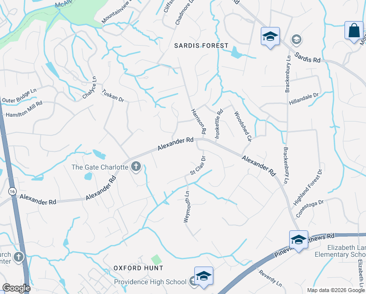 map of restaurants, bars, coffee shops, grocery stores, and more near 7404 Alexander Road in Charlotte