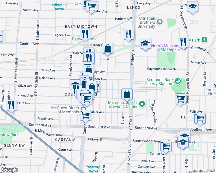 map of restaurants, bars, coffee shops, grocery stores, and more near 914 South Cox Street in Memphis