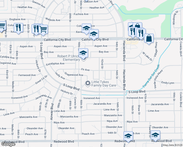 map of restaurants, bars, coffee shops, grocery stores, and more near 20661 91st Street in California City