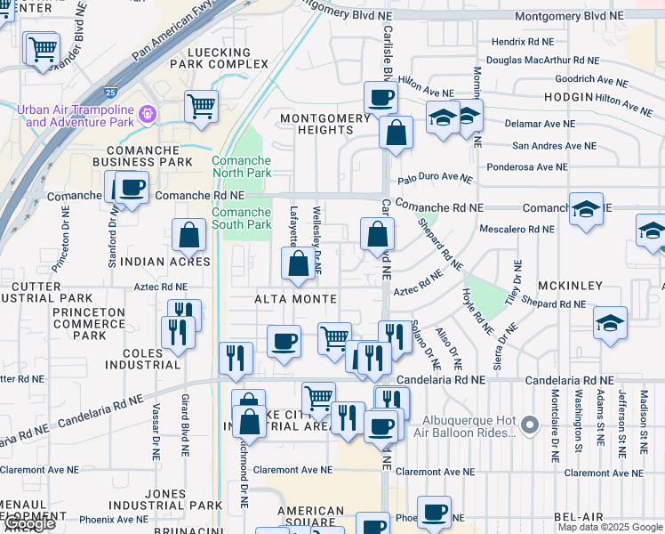 map of restaurants, bars, coffee shops, grocery stores, and more near 3417 Tulane Drive Northeast in Albuquerque